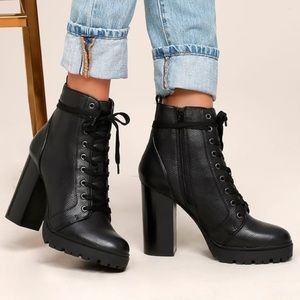 Steve Madden Boots - Laurie Black Leather Lace-Up Platform Booties